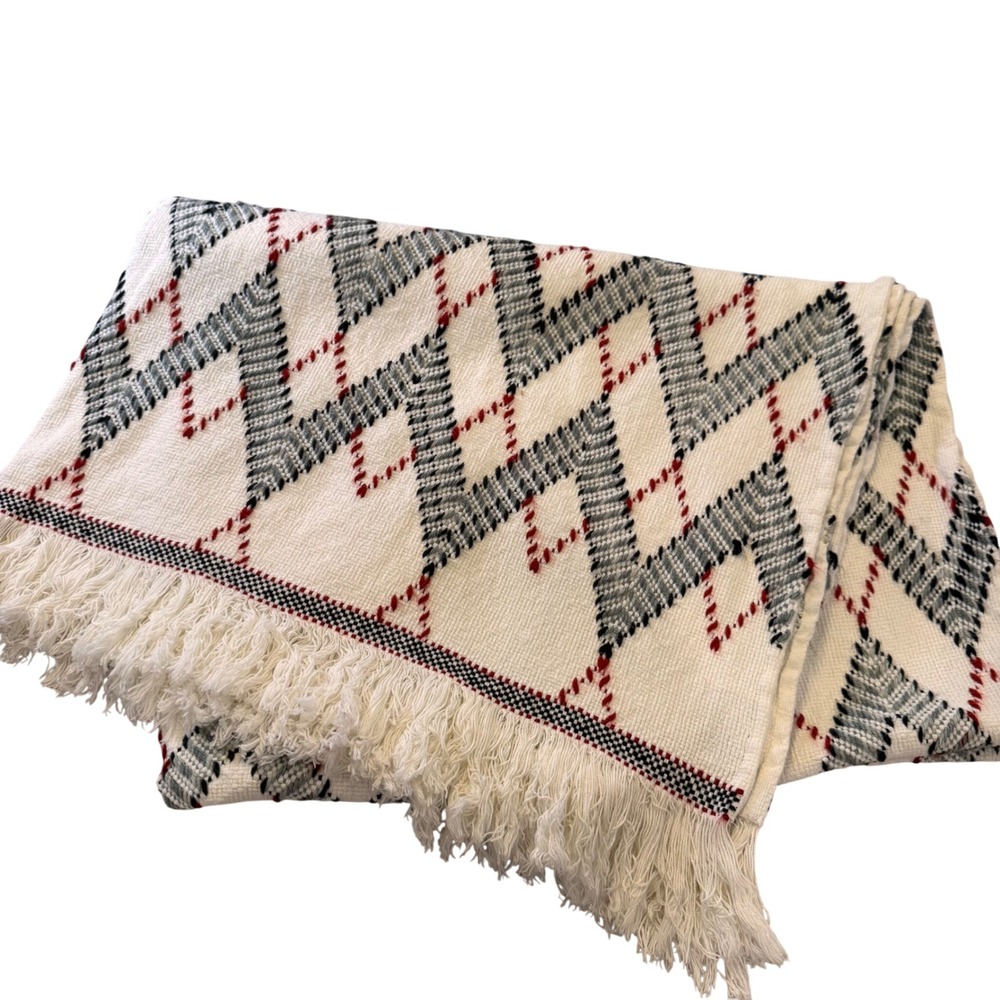Handmade Geometric Woven Throw Blanket Chevron Diamond Fringe Cottagecore Cabin